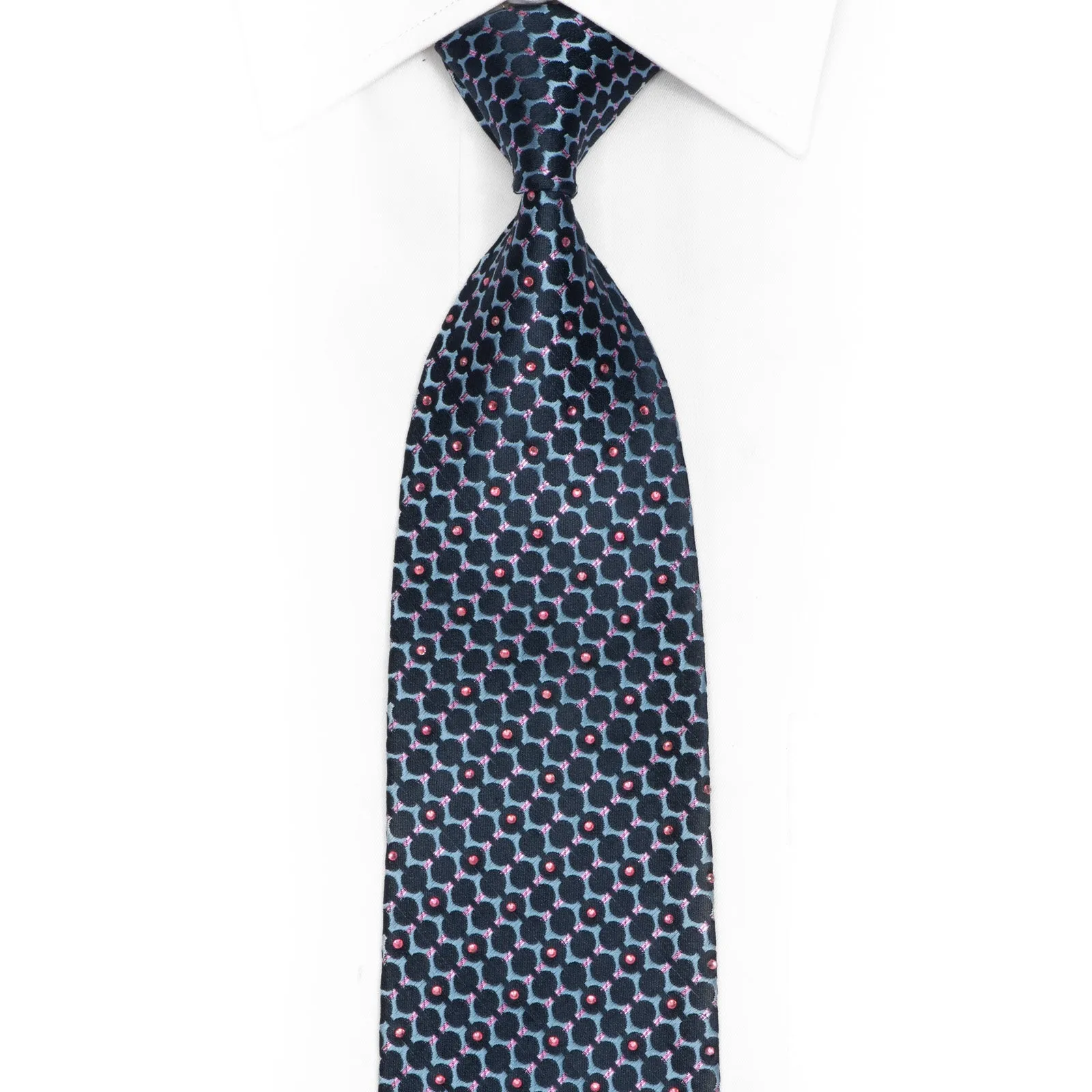Geometric Design On Blue Silk Necktie With Pink Rhinestones & Metallic Sparkles