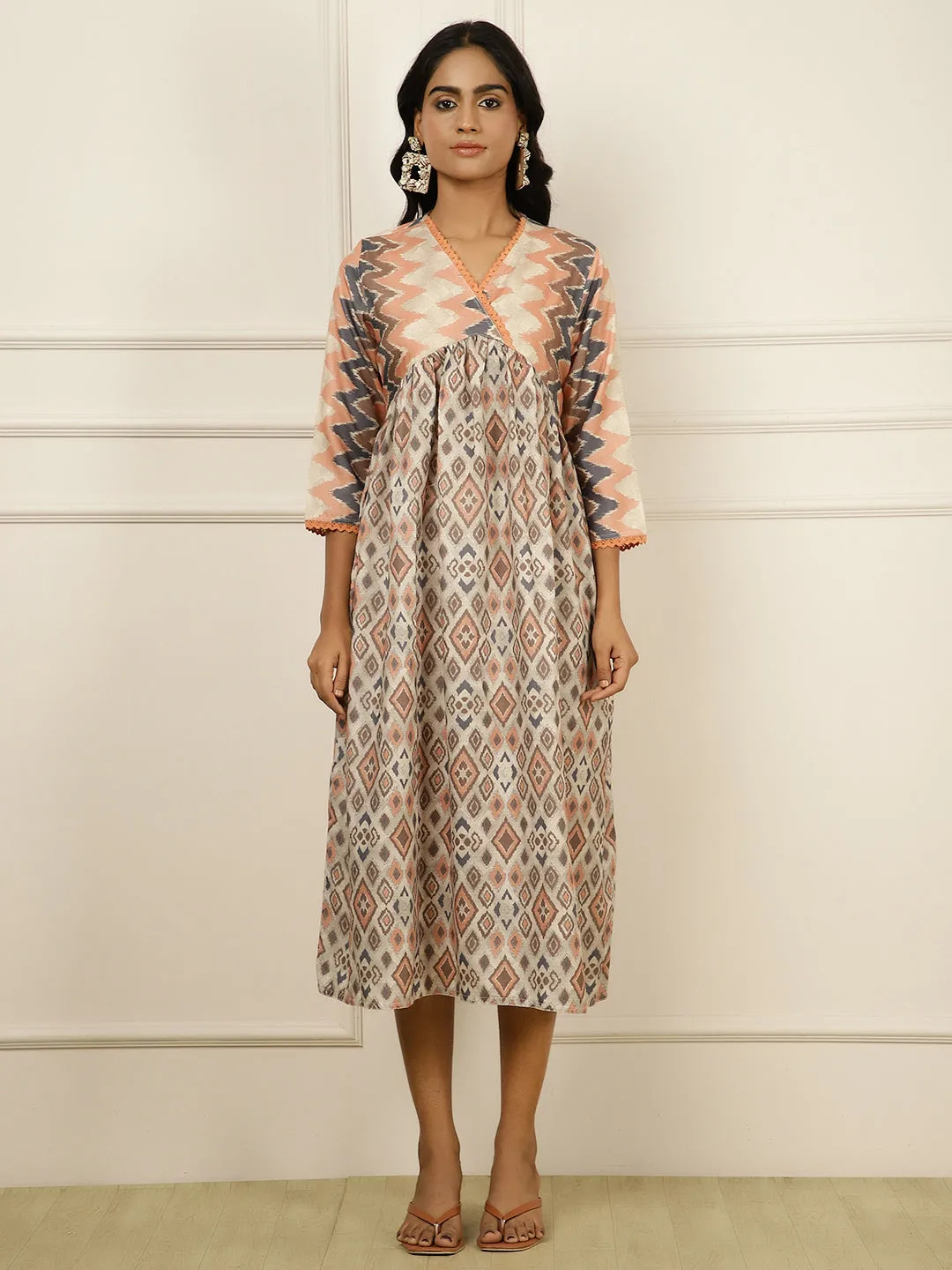 Geometric Printed Gathered Peach Dress