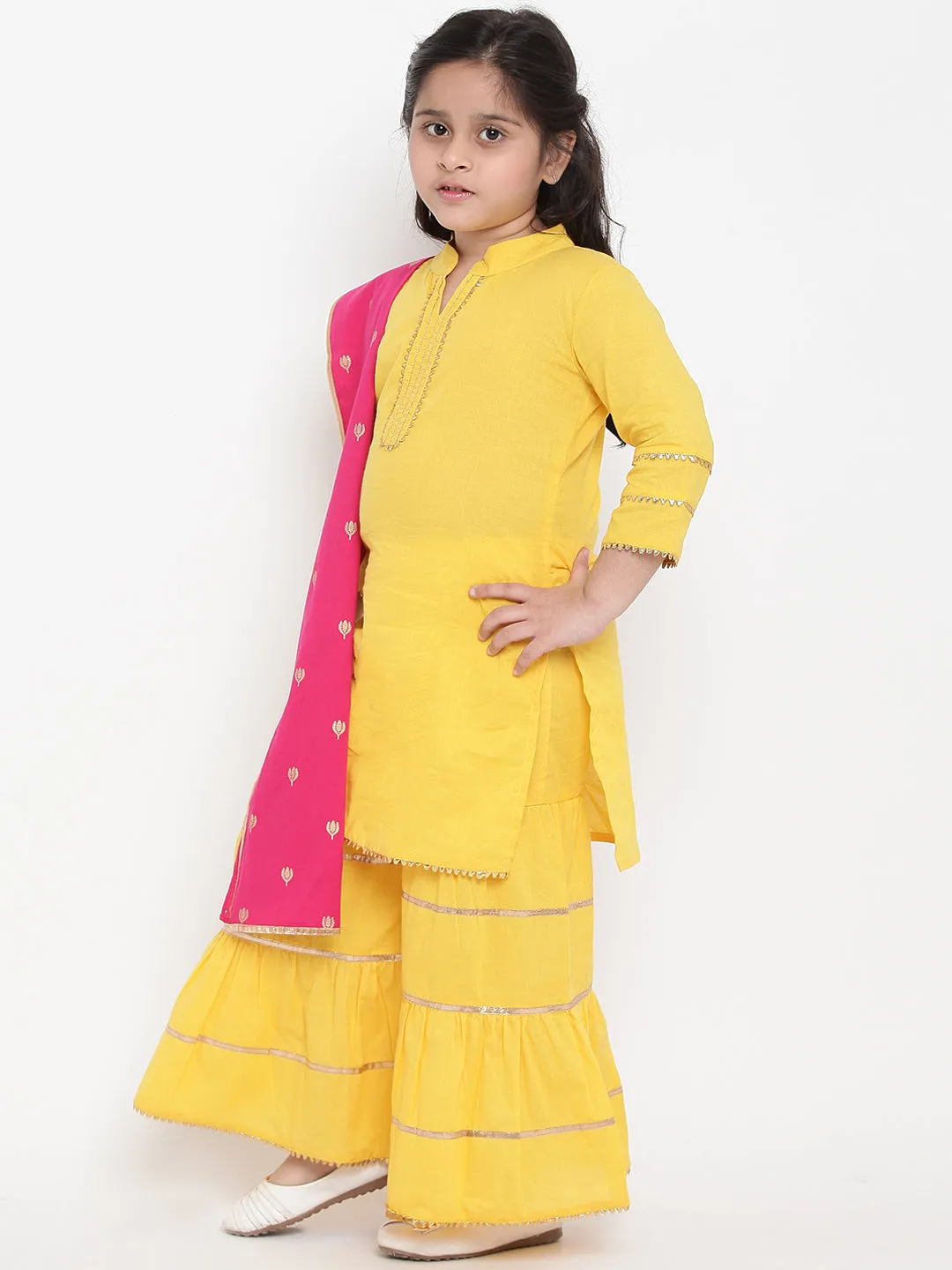 Girl's Yellow Solid Kurta With Sharara & Pink Dupatta - Bitiya By Bhama
