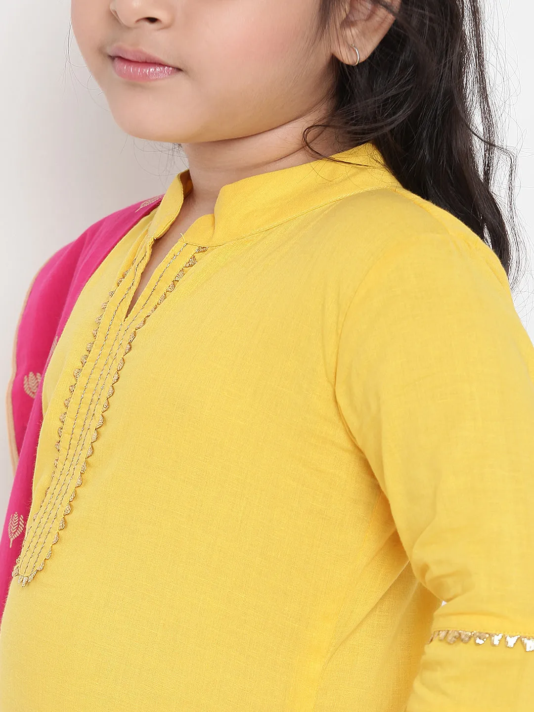 Girl's Yellow Solid Kurta With Sharara & Pink Dupatta - Bitiya By Bhama