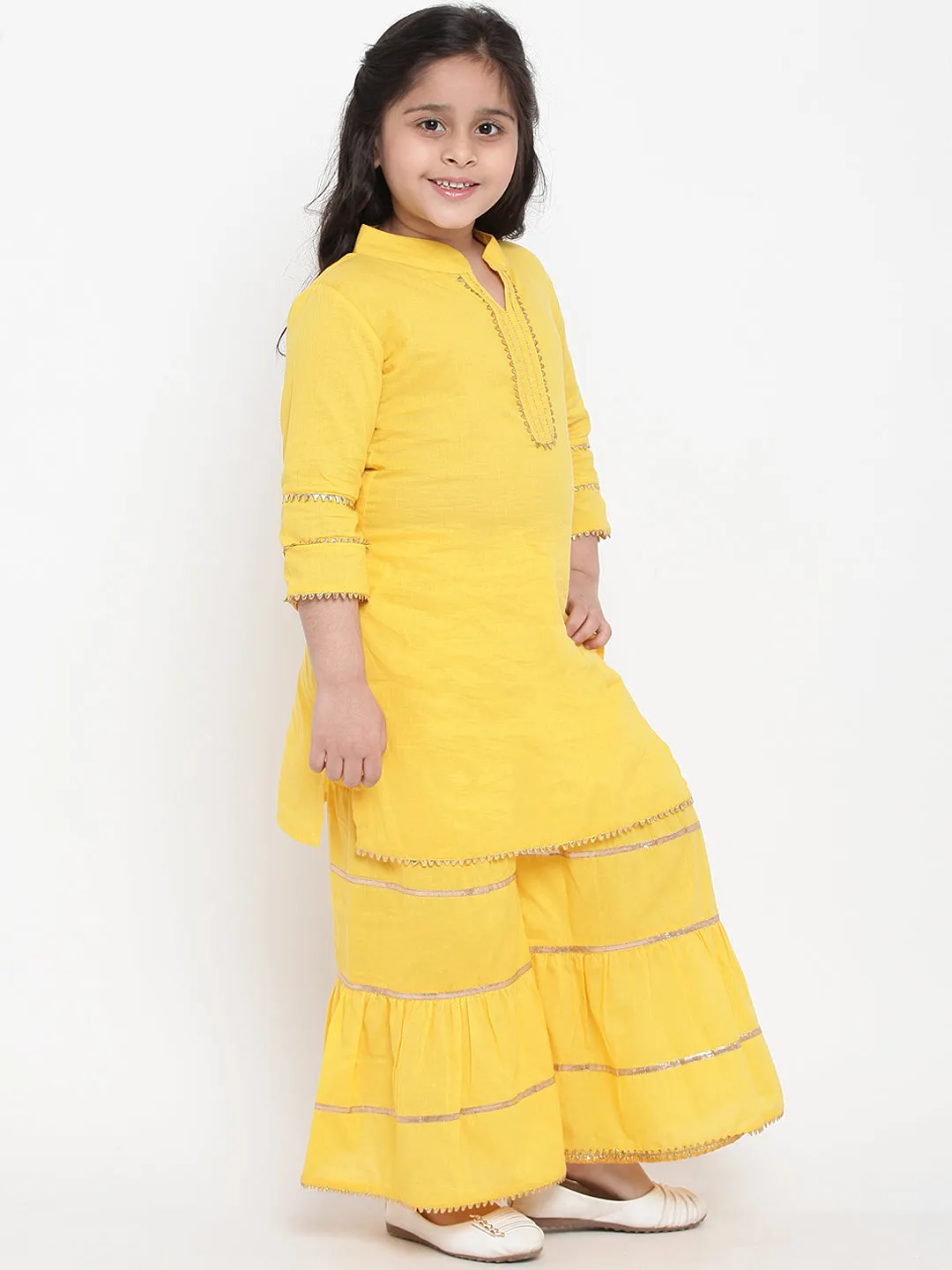 Girl's Yellow Solid Kurta With Sharara & Pink Dupatta - Bitiya By Bhama