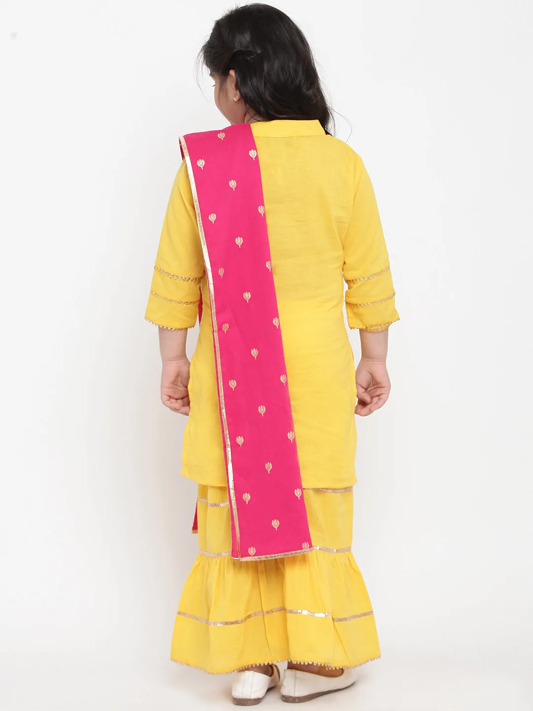 Girl's Yellow Solid Kurta With Sharara & Pink Dupatta - Bitiya By Bhama