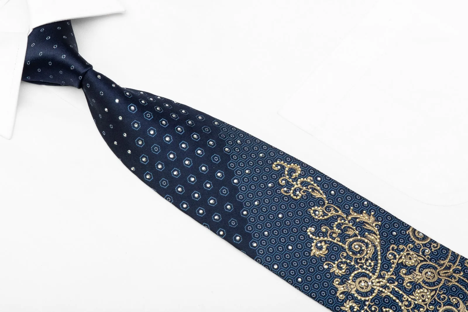 Gold Acanthus Scrolls On Blue Rhinestone Tie With Silver Sparkles