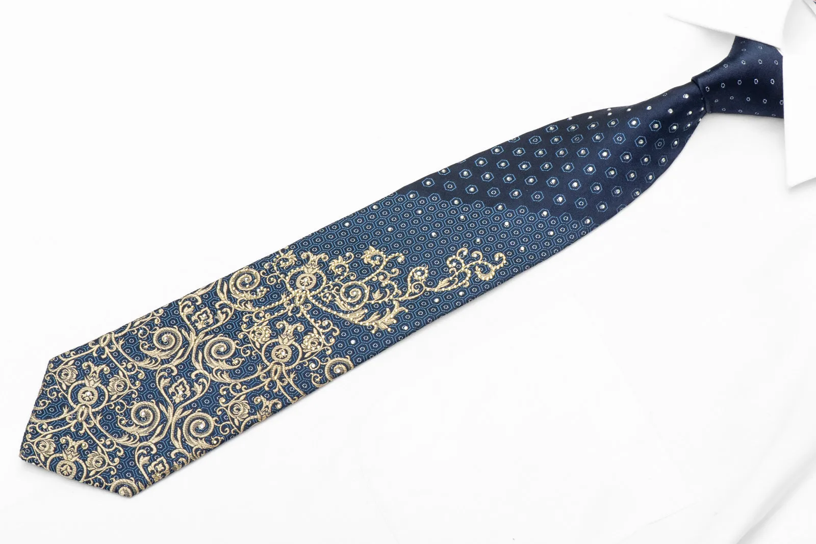 Gold Acanthus Scrolls On Blue Rhinestone Tie With Silver Sparkles