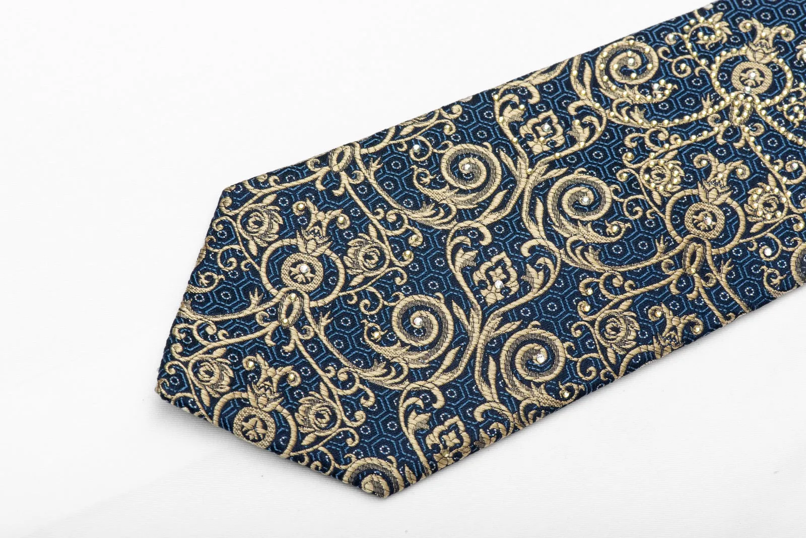 Gold Acanthus Scrolls On Blue Rhinestone Tie With Silver Sparkles