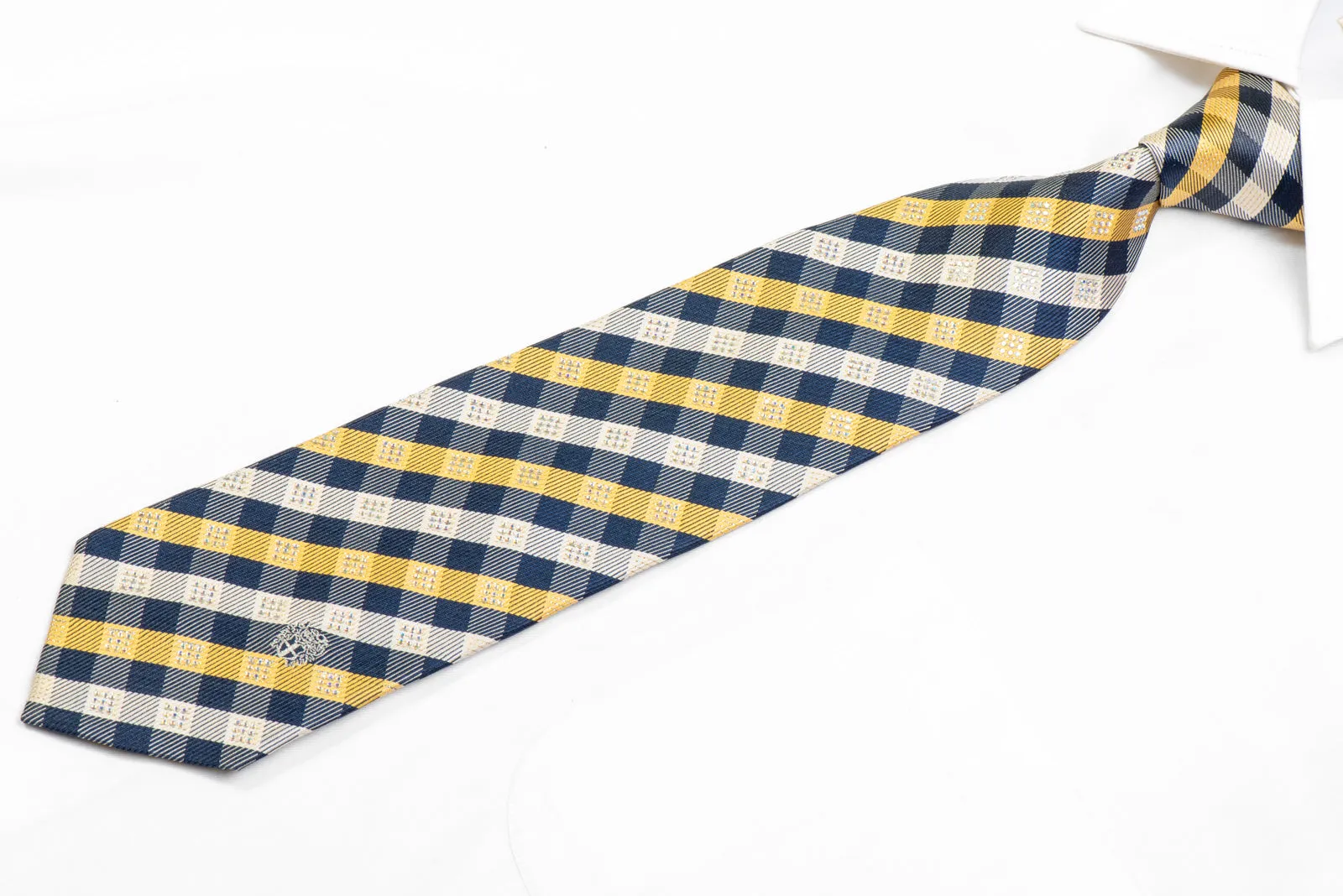 Gold Navy Cream Plaid Rhinestone Necktie With Silver Sparkles
