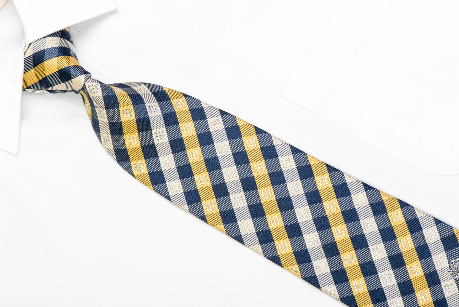 Gold Navy Cream Plaid Rhinestone Necktie With Silver Sparkles