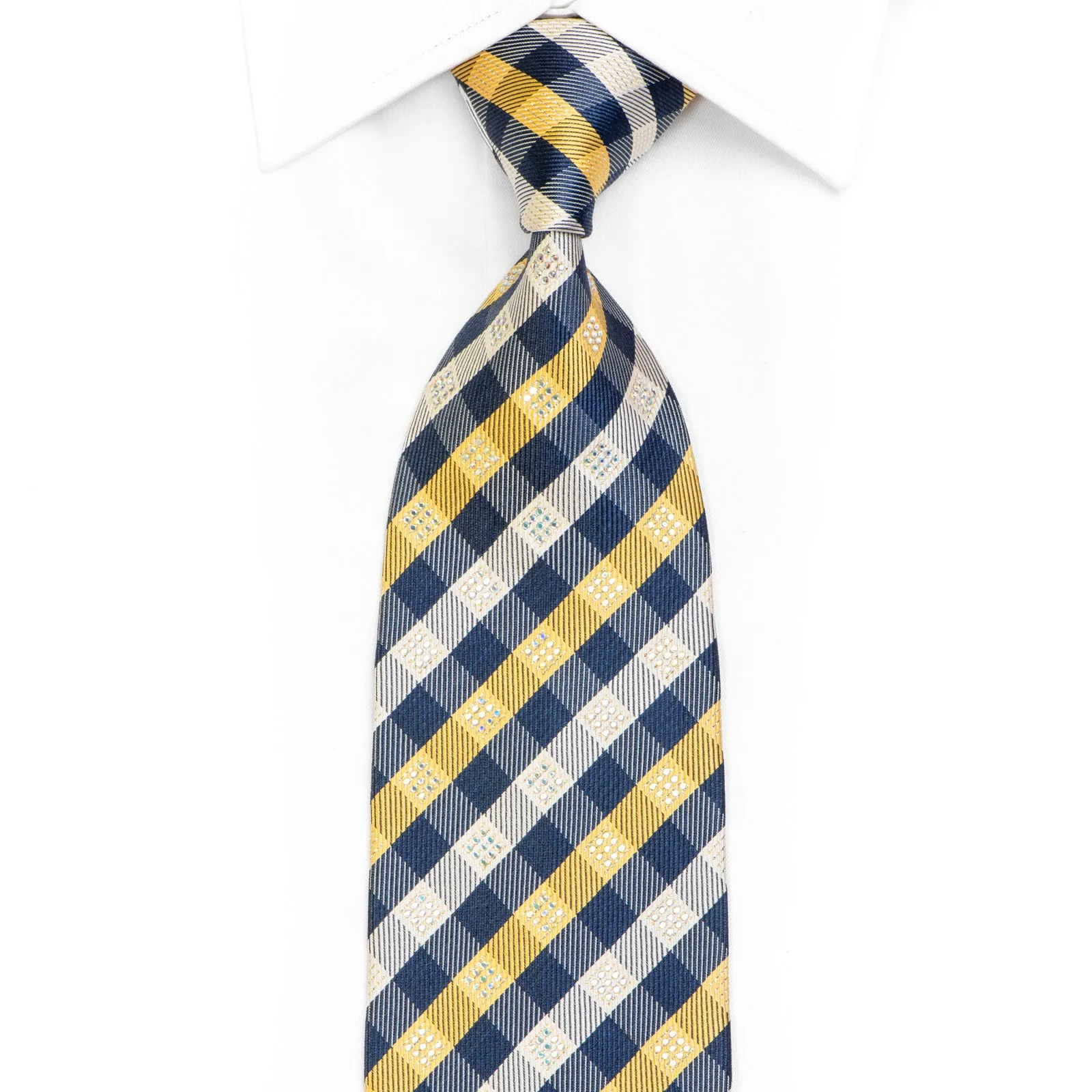 Gold Navy Cream Plaid Rhinestone Necktie With Silver Sparkles