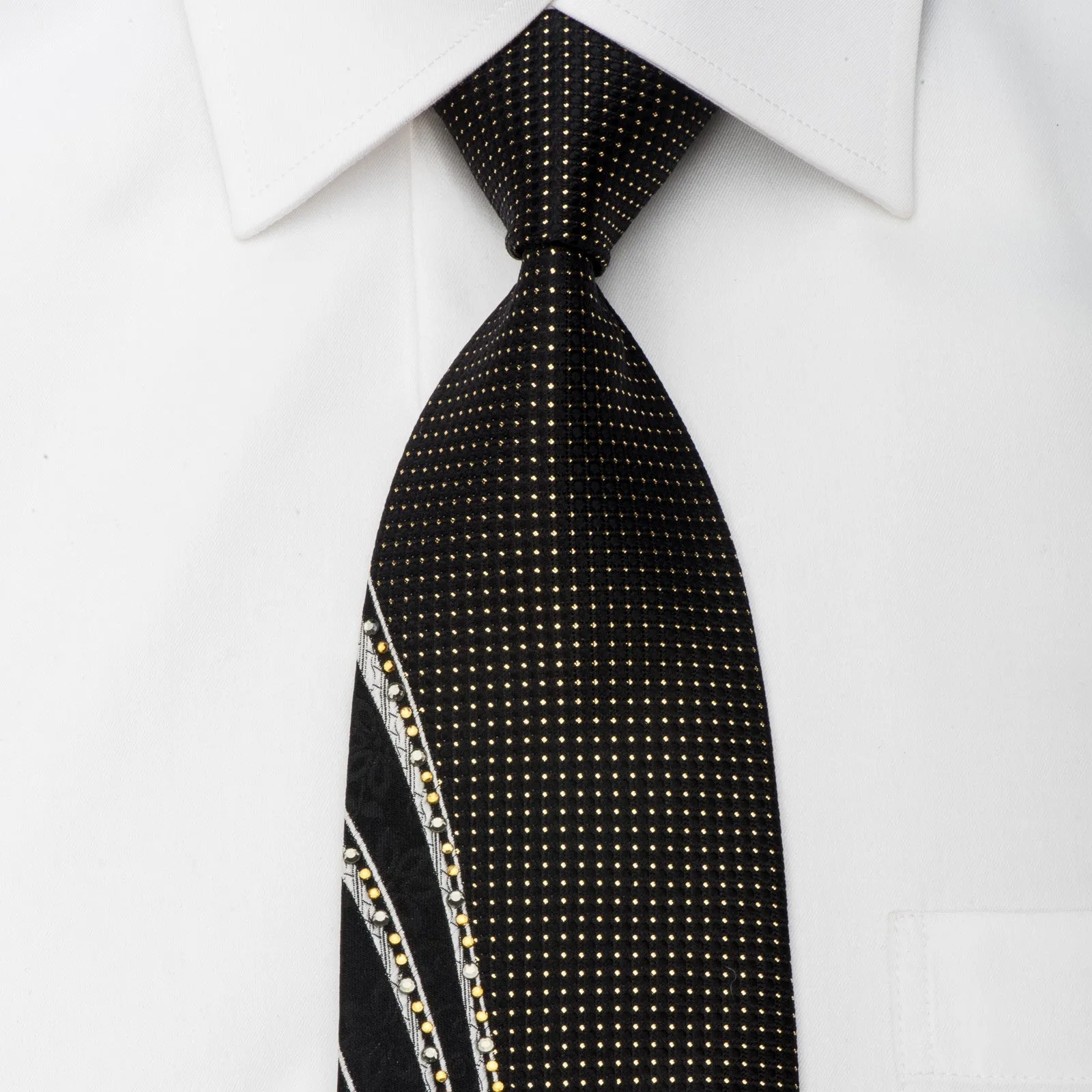 Grang Cia Black Rhinestone Silk Necktie With Gold Sparkles