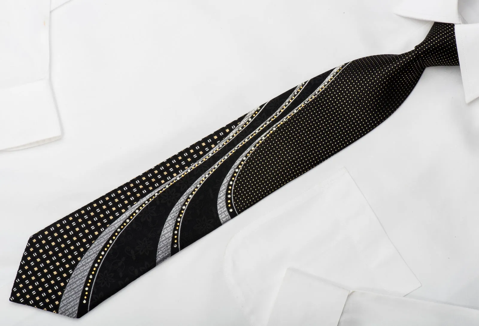 Grang Cia Black Rhinestone Silk Necktie With Gold Sparkles