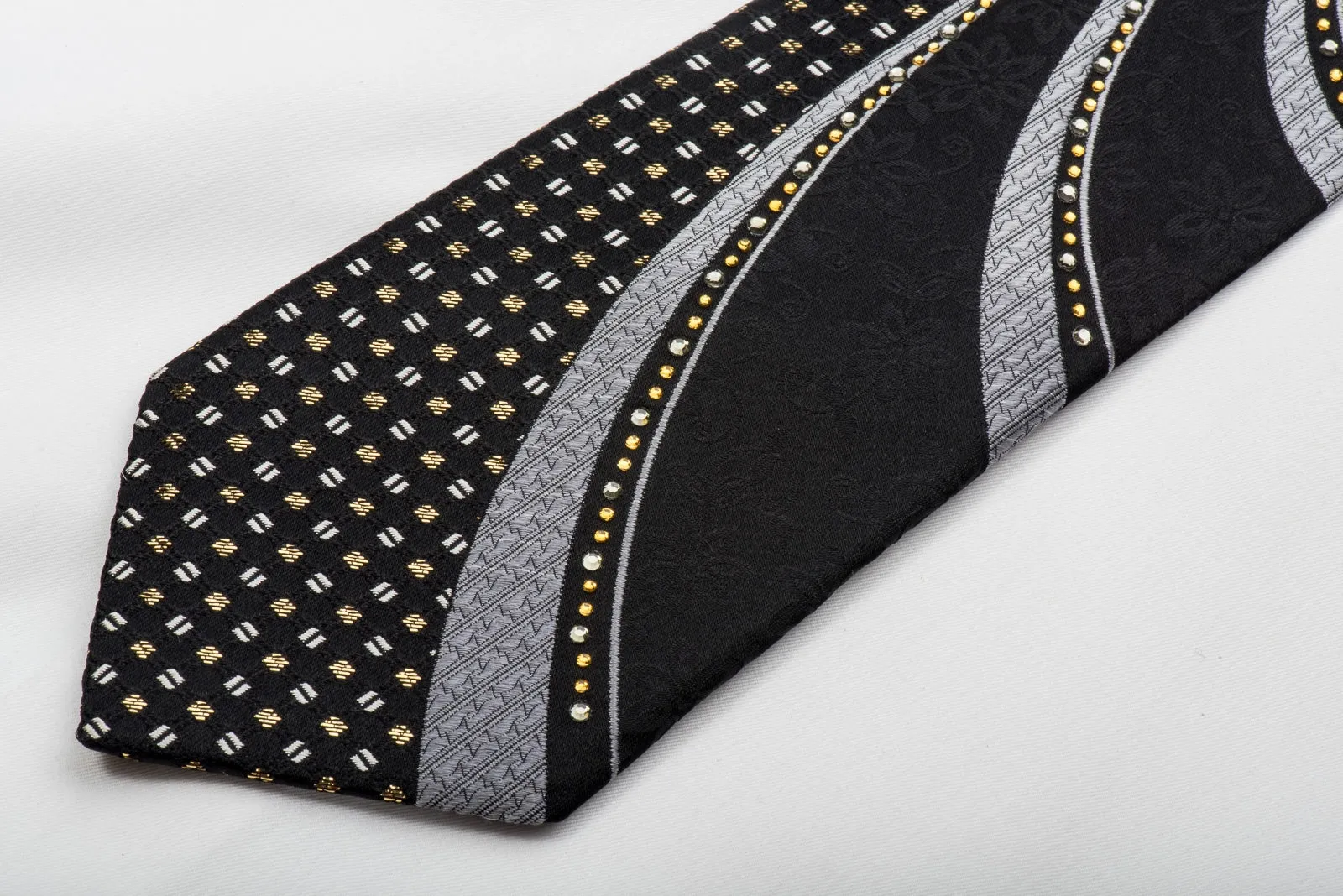 Grang Cia Black Rhinestone Silk Necktie With Gold Sparkles