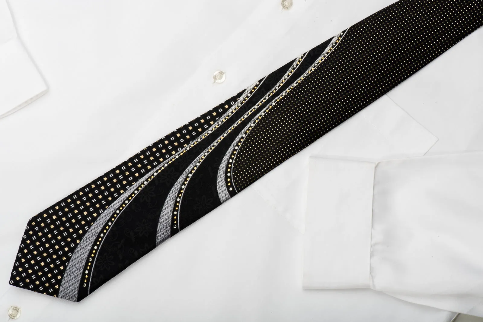 Grang Cia Black Rhinestone Silk Necktie With Gold Sparkles