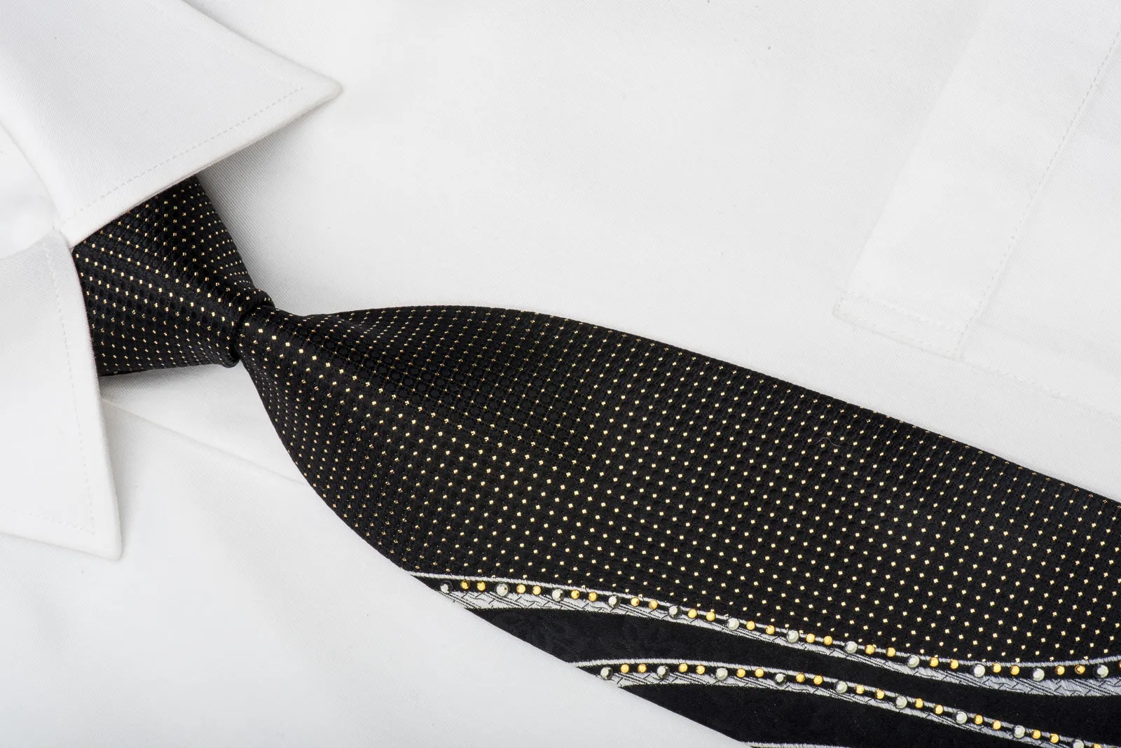 Grang Cia Black Rhinestone Silk Necktie With Gold Sparkles