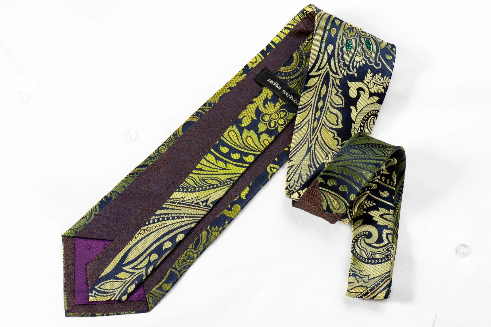 Green Acanthus On Navy Men's Crystal Rhinestone Silk Necktie
