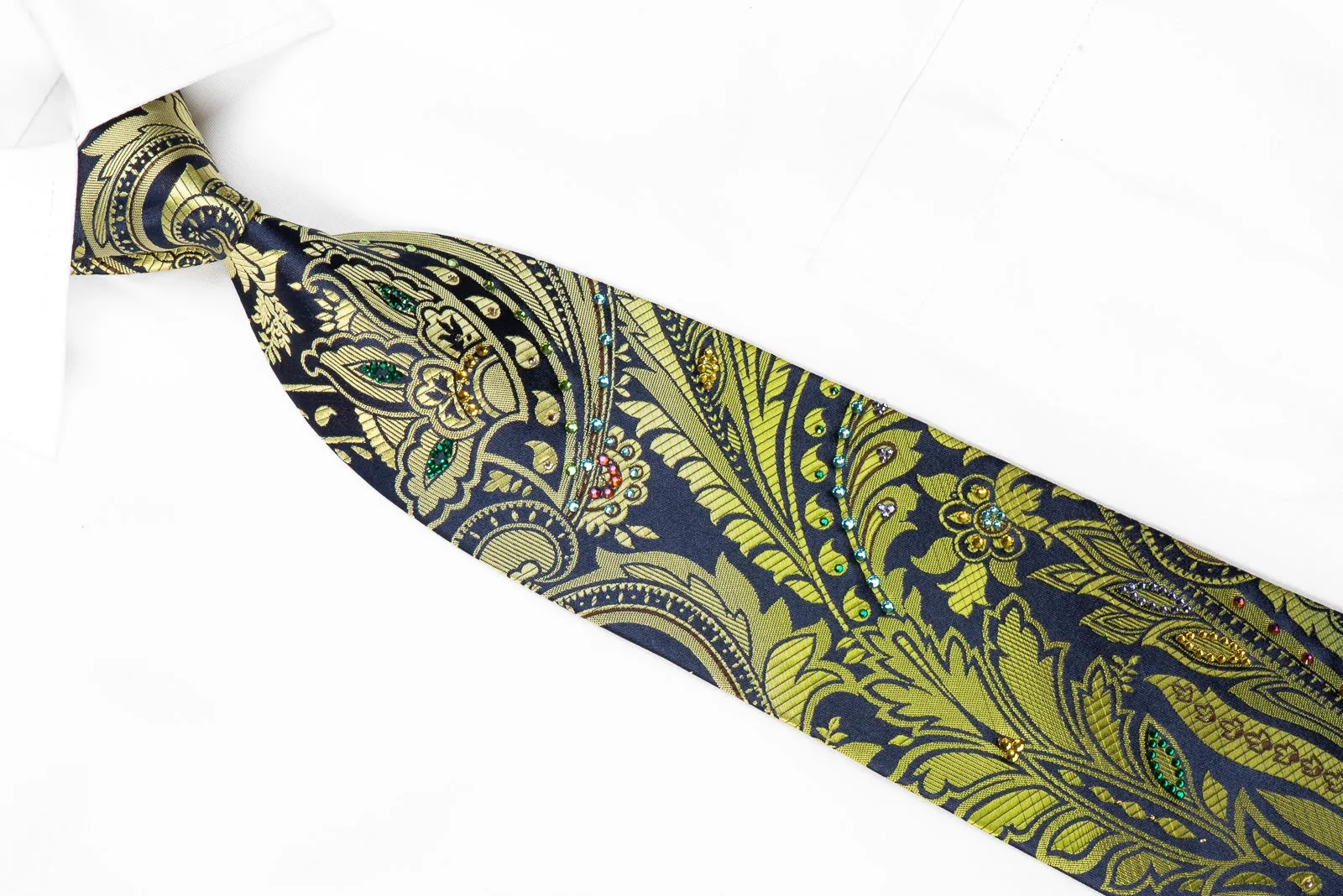 Green Acanthus On Navy Men's Crystal Rhinestone Silk Necktie