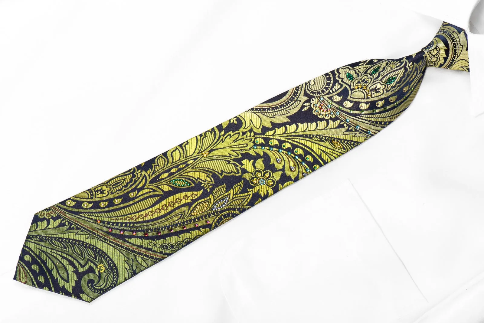 Green Acanthus On Navy Men's Crystal Rhinestone Silk Necktie