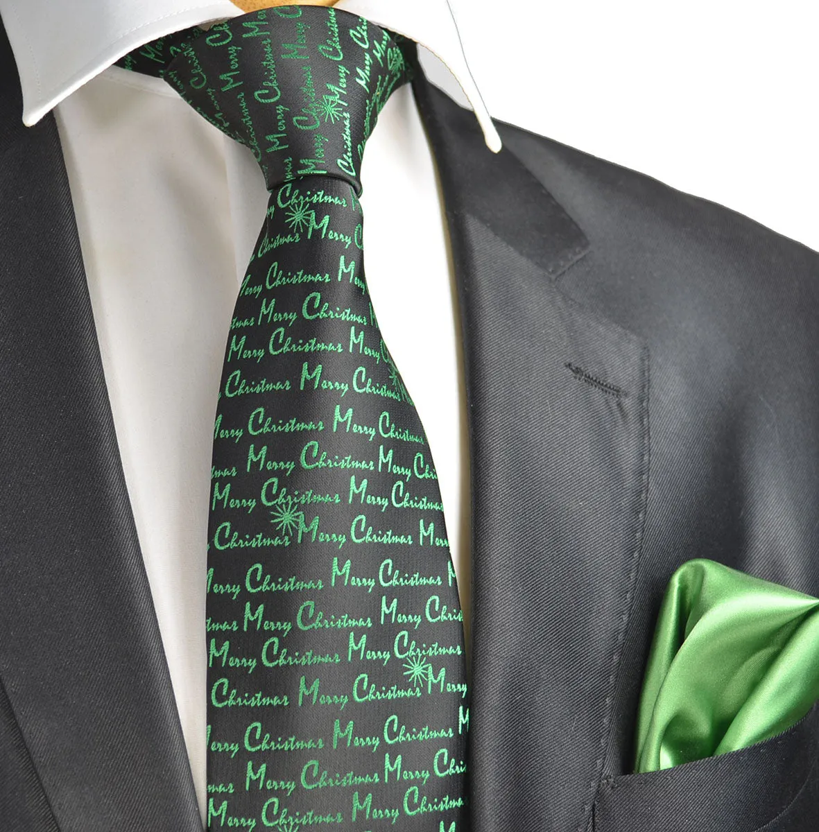 Green on Black Merry Christmas Tie Set