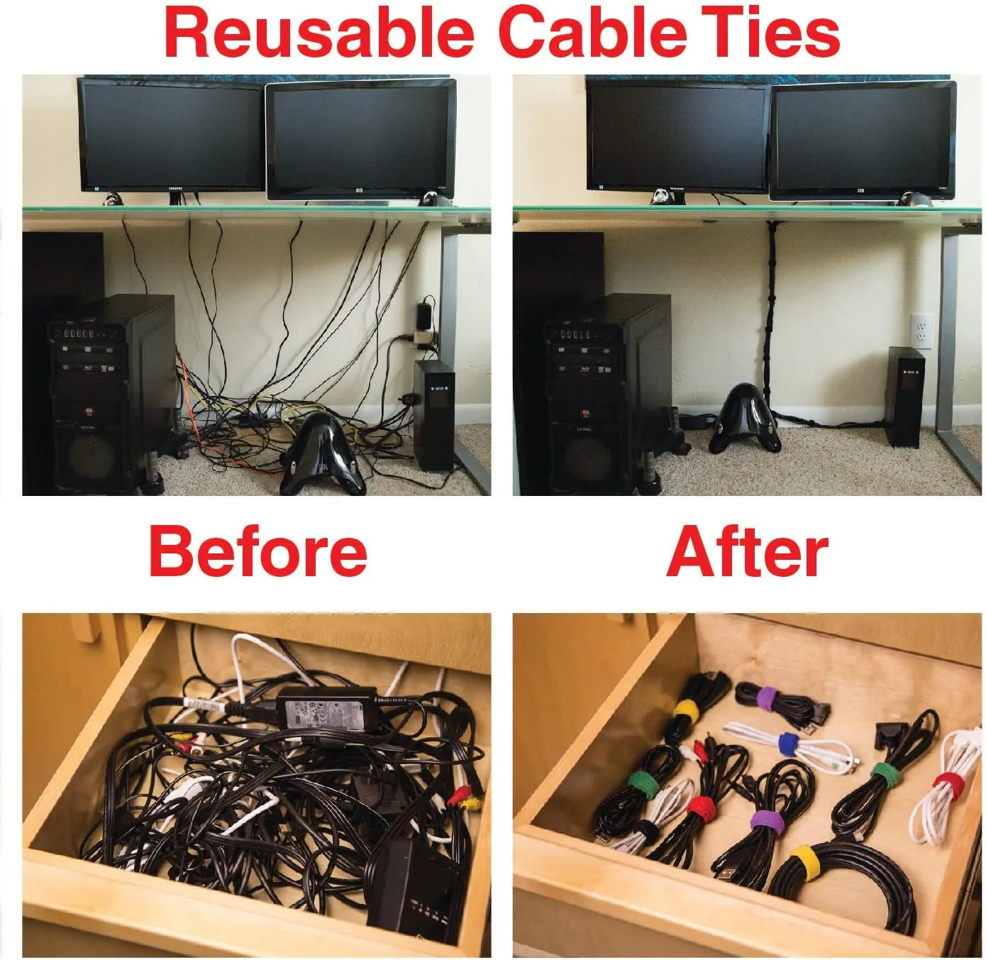 Heaviest Cable Organizer on The Market! Compact and Weighted Desktop Cord Holder and Cable Organizer, Eco-Friendly Silicone, No Bad Smell, Bundled with 4 Reusable Cable Ties! (Black)