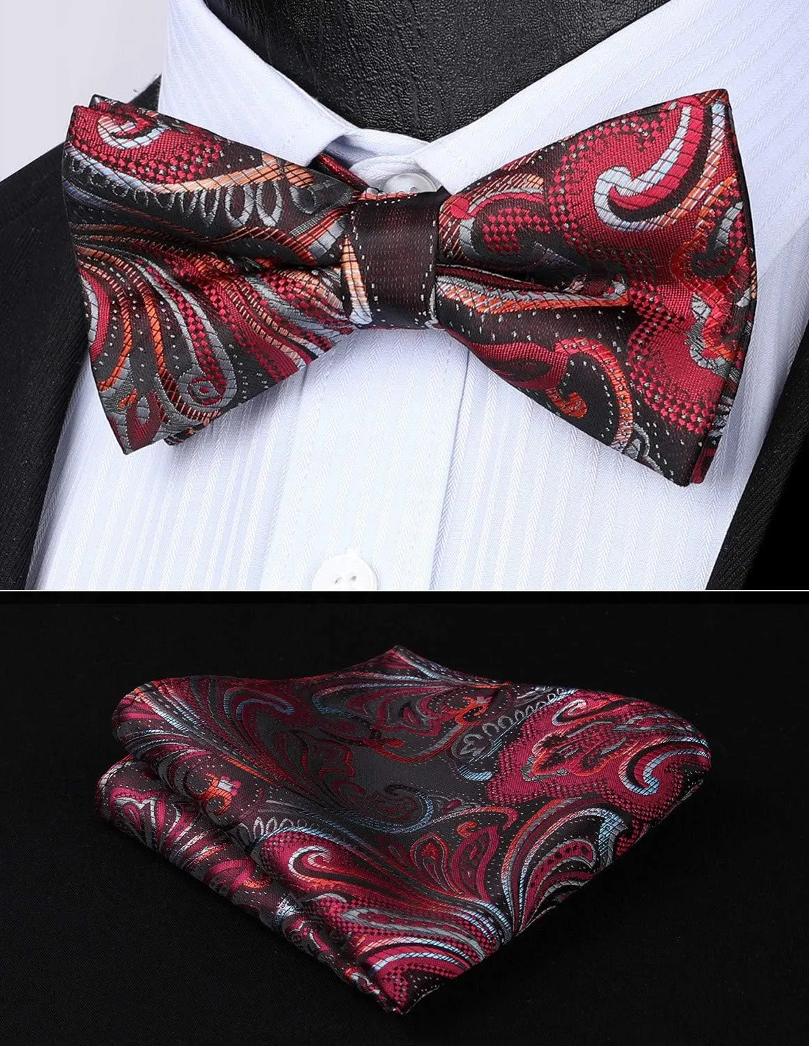 HISDERN Bow Ties for Men Pre-tied Paisley Bow Ties Pocket Square Set Men's Bowtie Wedding Party