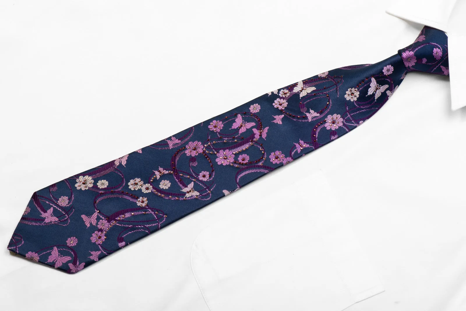 Indian Homme Rhinestone Silk Necktie Purple Butterflies & Floral On Navy With Sparkles