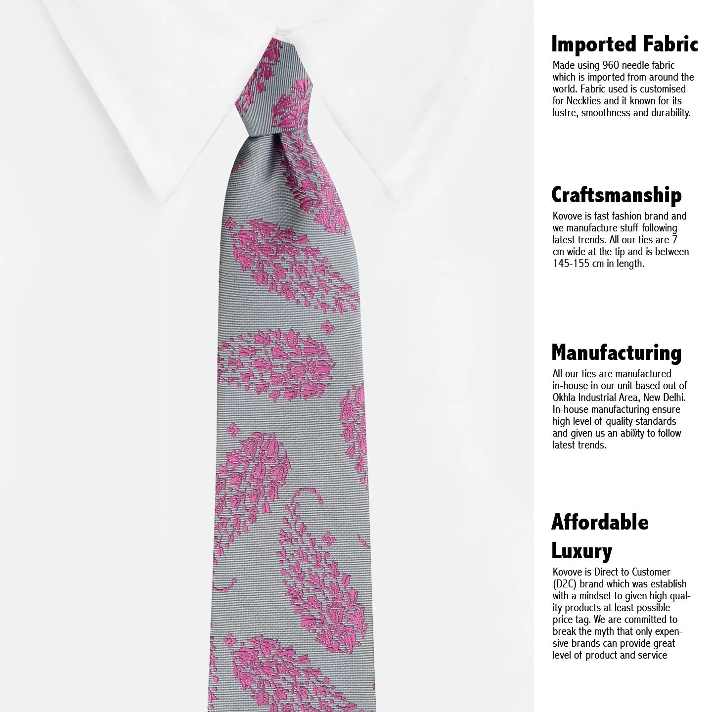 Kovove Gray Floral Necktie and Pocket Square Gift Box
