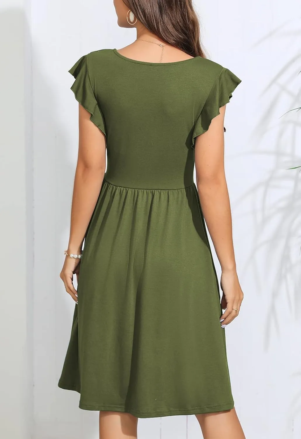Lamilus Women's Casual Summer Dresses 2025 Ruffle Sleeves V-Neck Button Down Midi Swing Party Dress