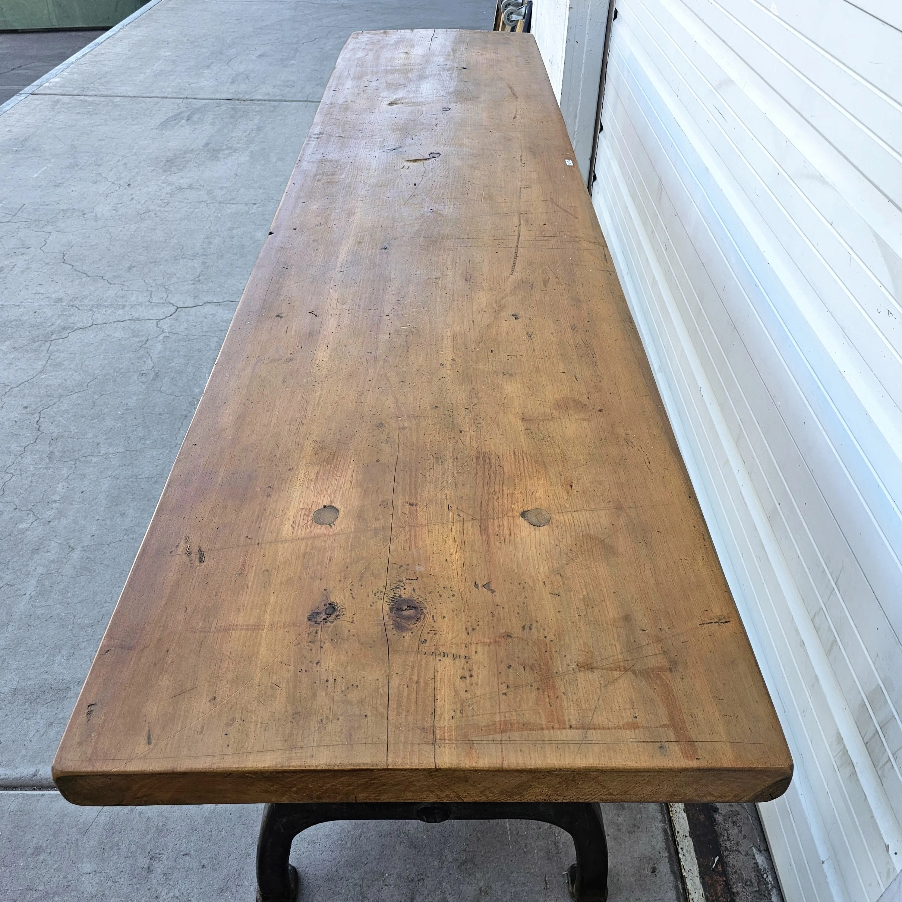 Large Industrial Console Table with Iron Base and Shelf