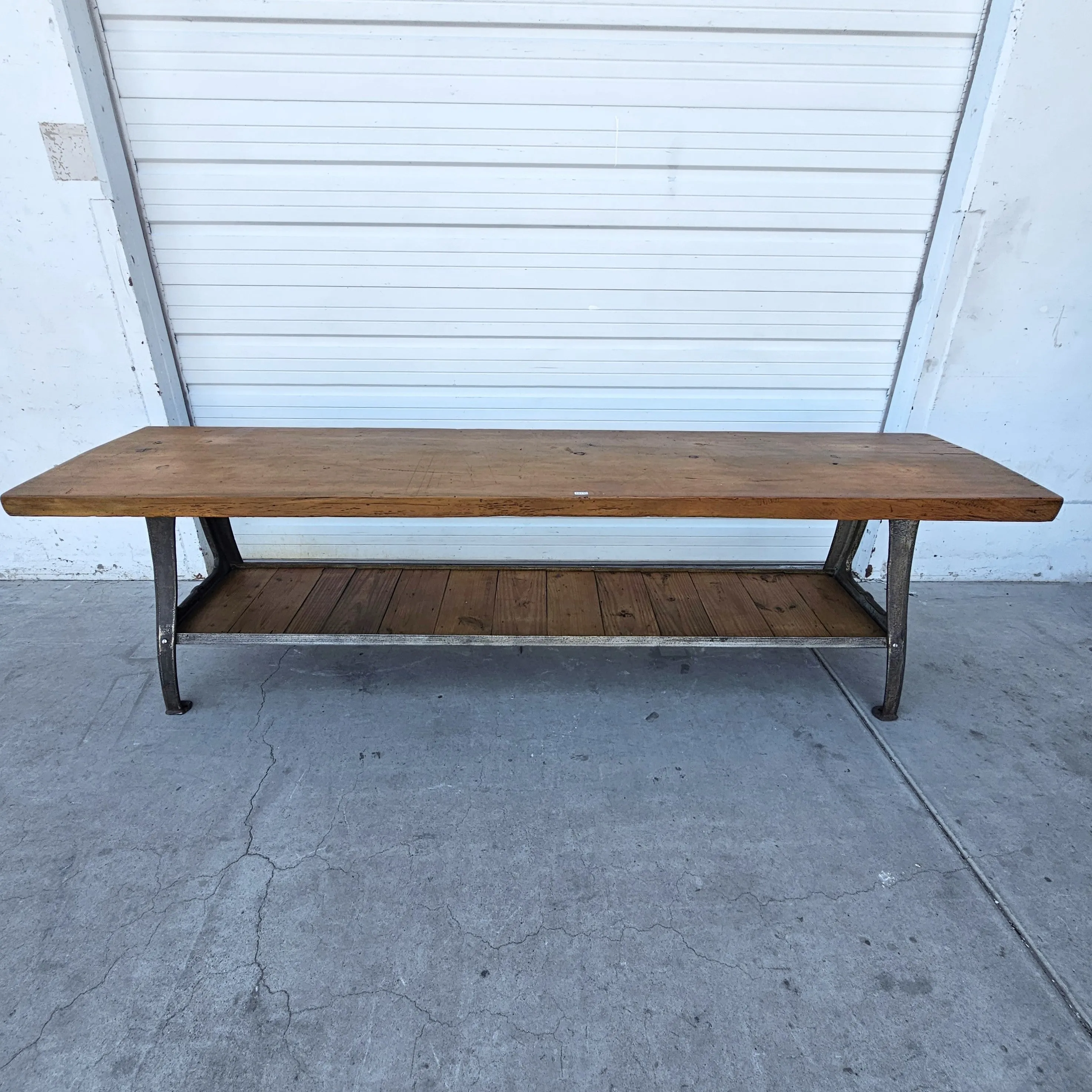 Large Industrial Console Table with Iron Base and Shelf