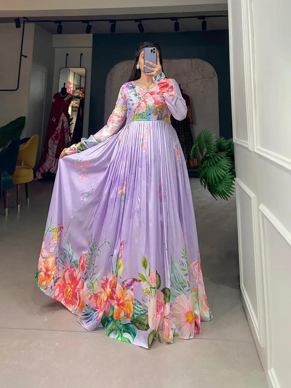Lavender Color Tussar Silk Ready to Wear Gown with Delicate Floral Print