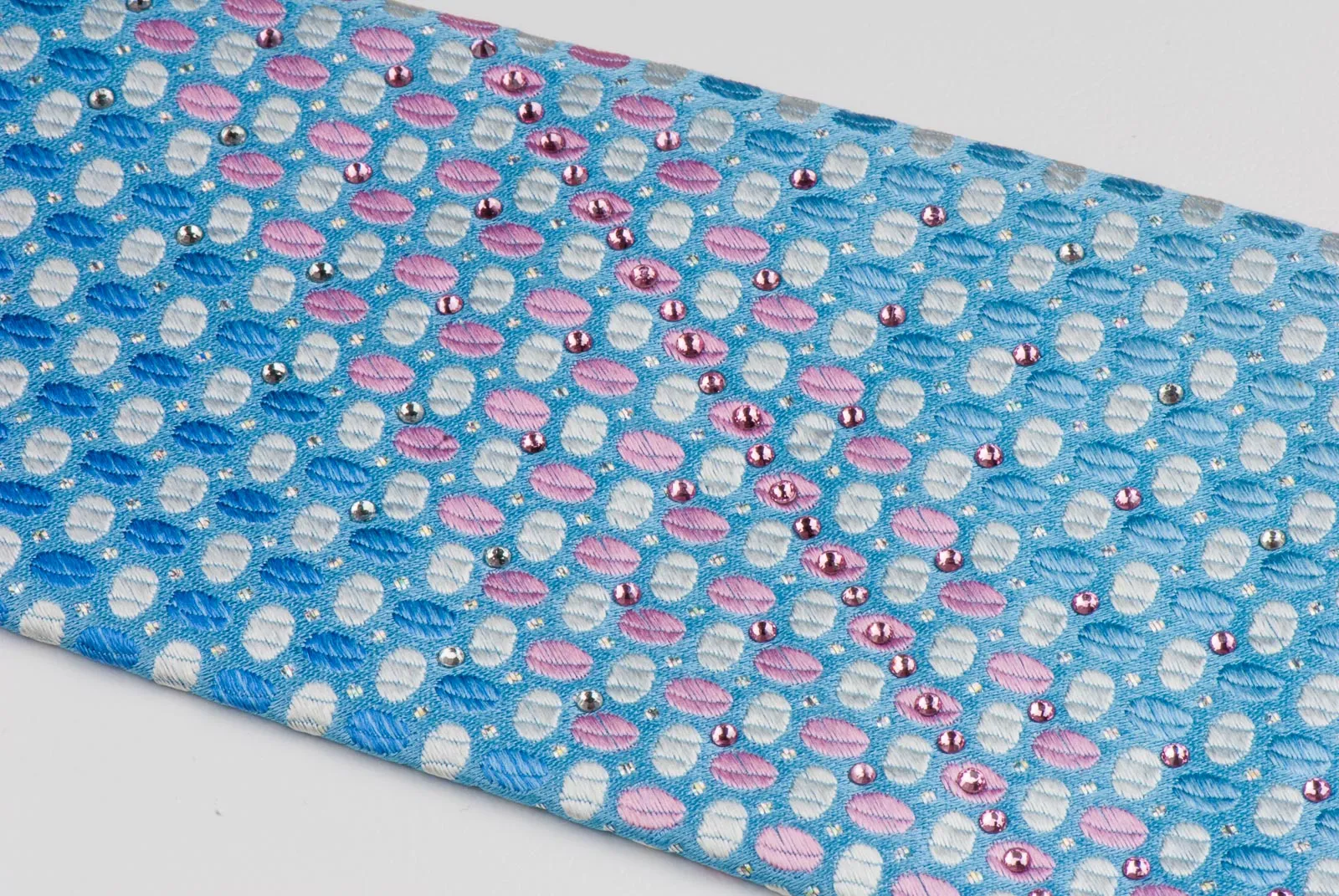 Louis Quatorze Rhinestone Neck Tie Pink & White Geometric Ovals On Blue Silk