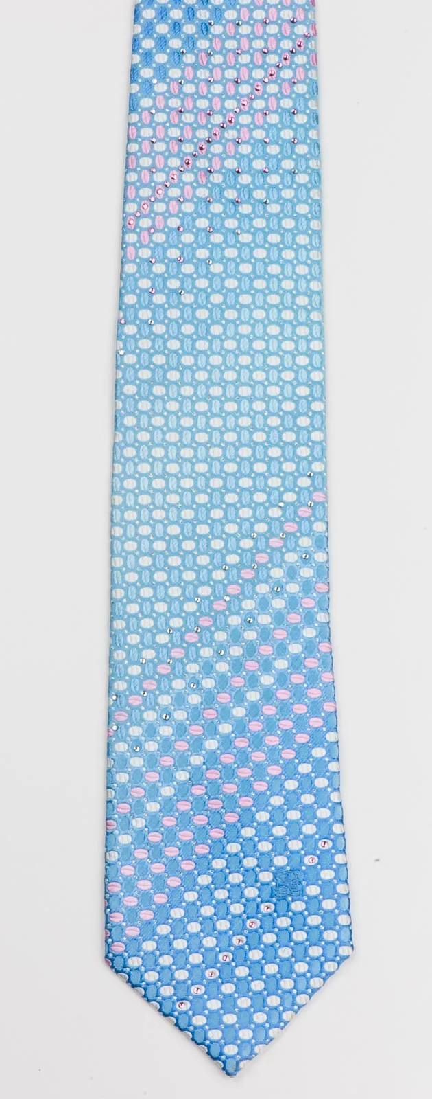 Louis Quatorze Rhinestone Neck Tie Pink & White Geometric Ovals On Blue Silk