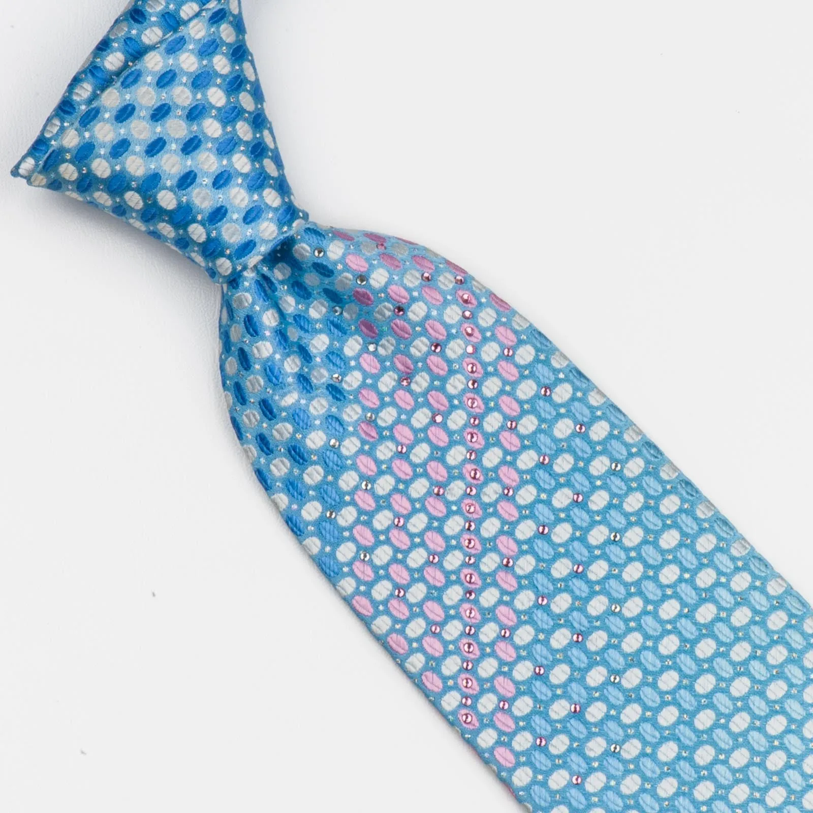 Louis Quatorze Rhinestone Neck Tie Pink & White Geometric Ovals On Blue Silk