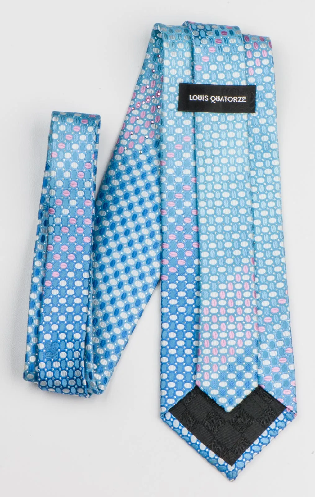 Louis Quatorze Rhinestone Neck Tie Pink & White Geometric Ovals On Blue Silk