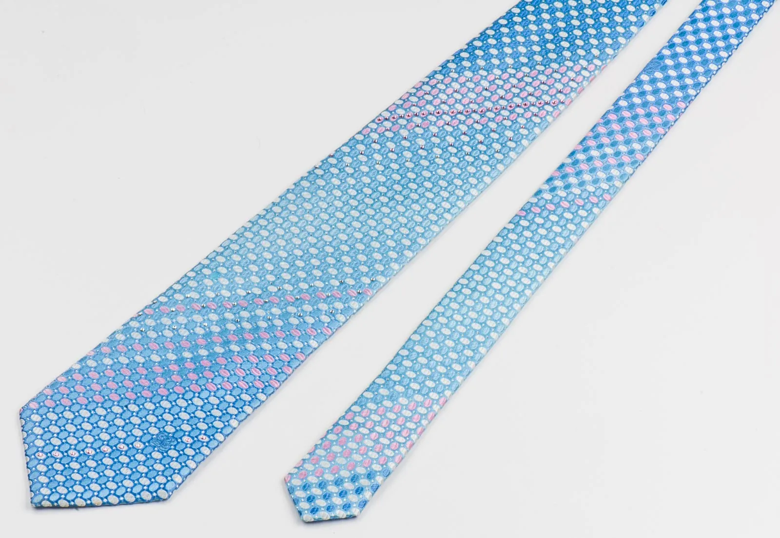 Louis Quatorze Rhinestone Neck Tie Pink & White Geometric Ovals On Blue Silk