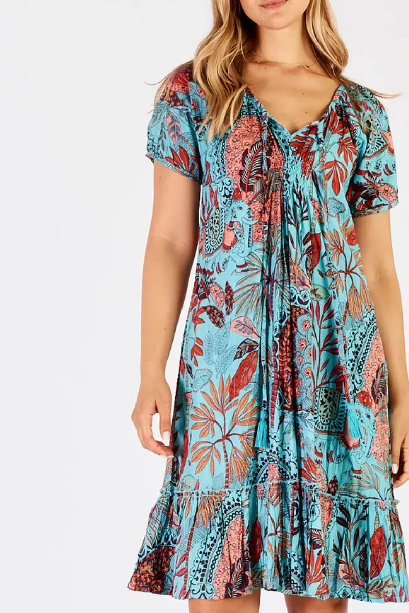 Lula Life Gina Shirred Printed Lagoon Dress