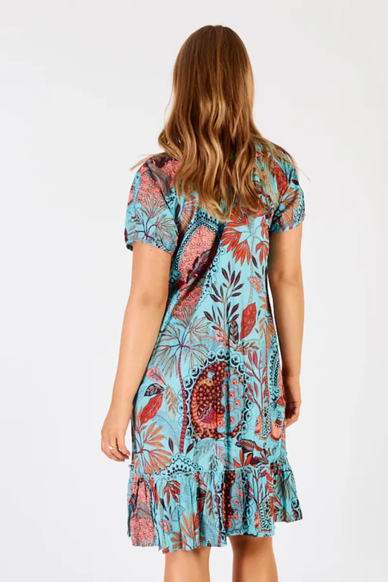 Lula Life Gina Shirred Printed Lagoon Dress