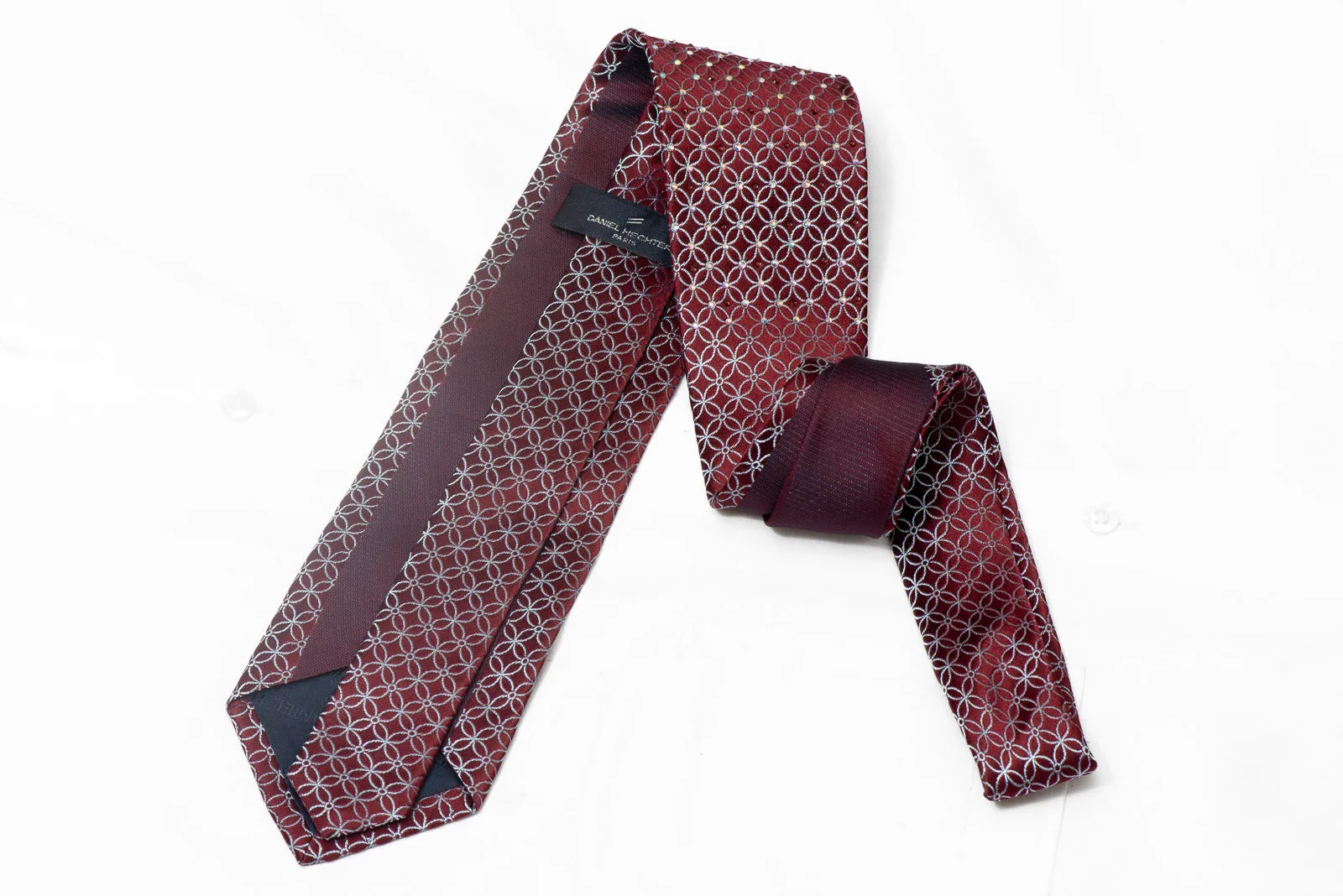 Mauve Interlocking Circles On Burgundy Rhinestone Silk Tie