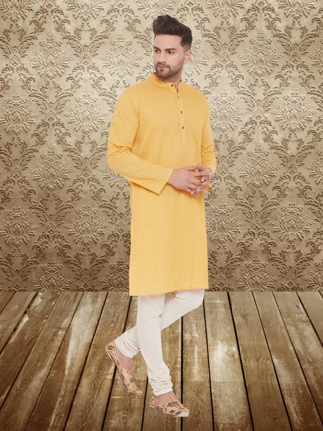 Men's Pintuck Fancy Yellow Kurta - Even Apparels