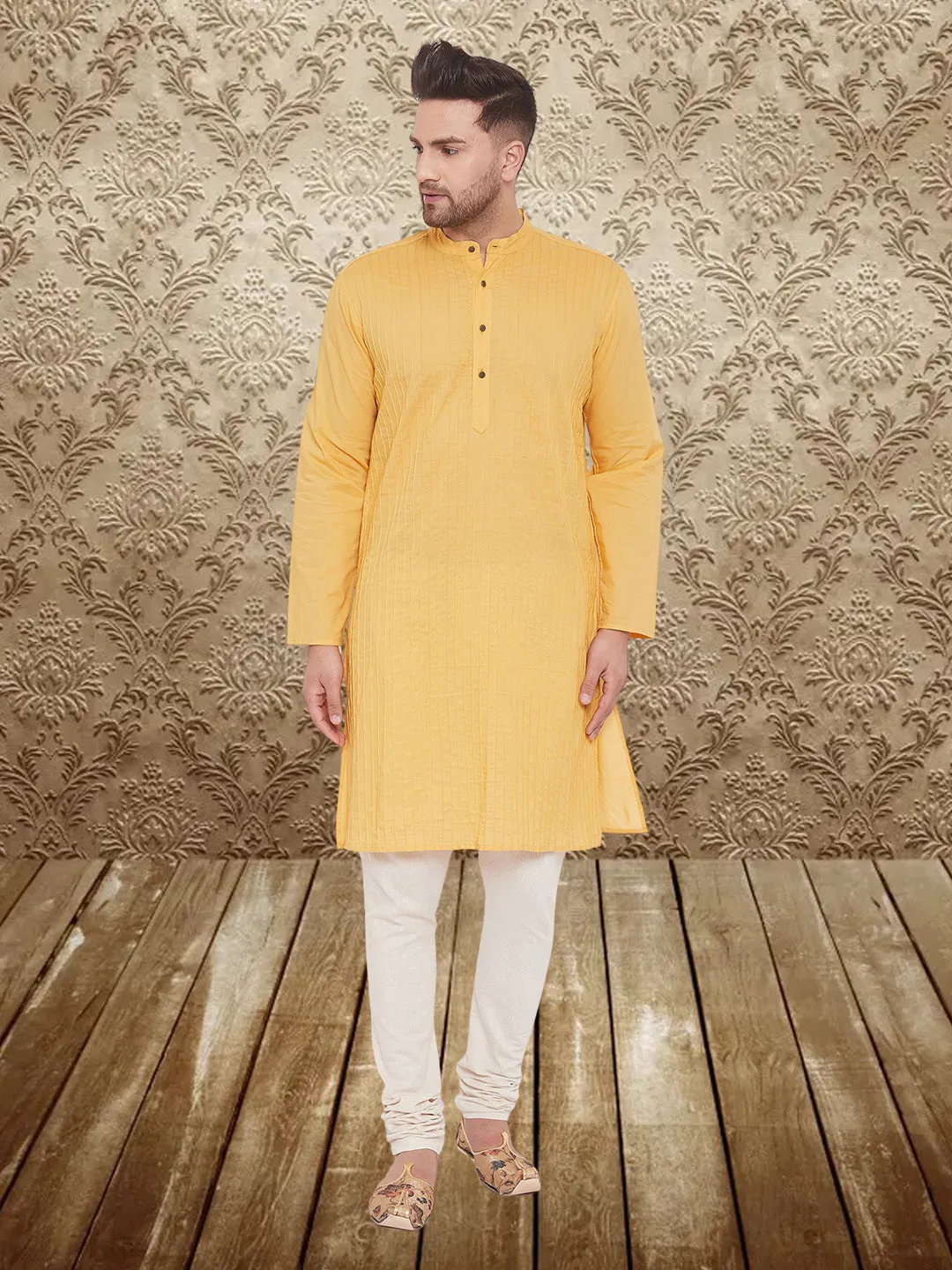 Men's Pintuck Fancy Yellow Kurta - Even Apparels