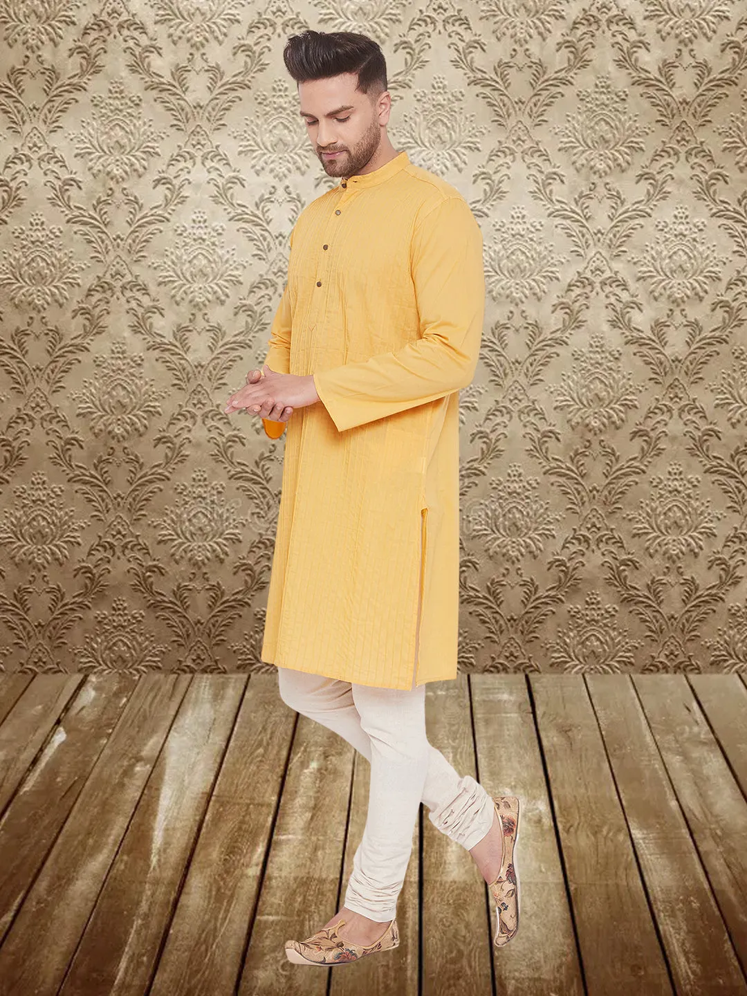 Men's Pintuck Fancy Yellow Kurta - Even Apparels