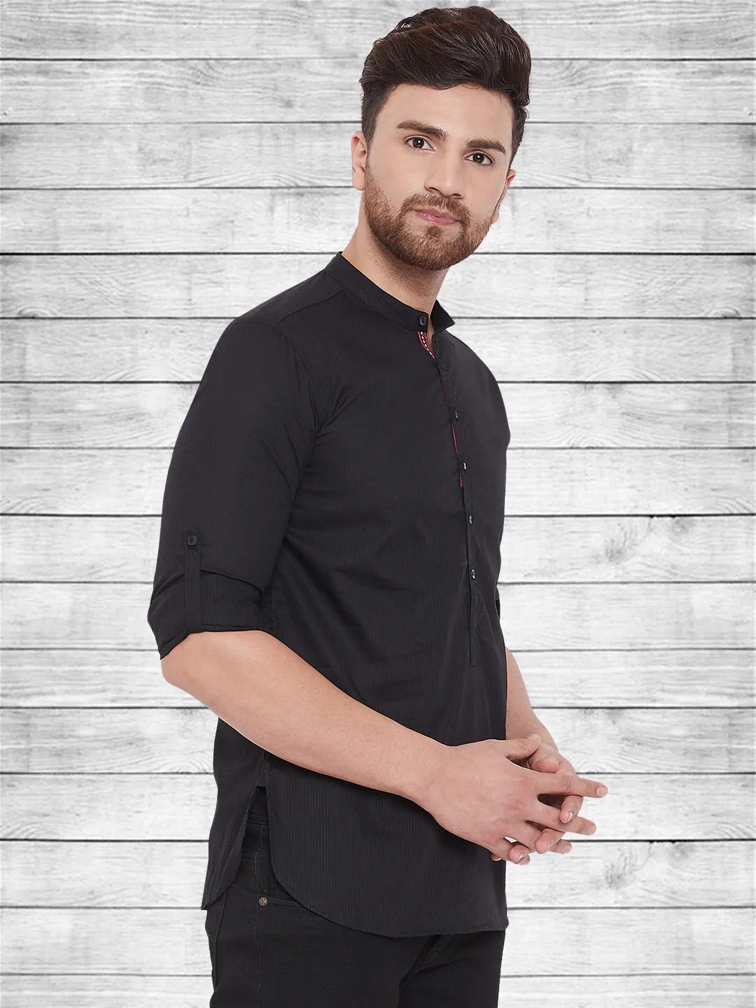 Men's Pure Cotton Black Short Kurta - Even Apparels