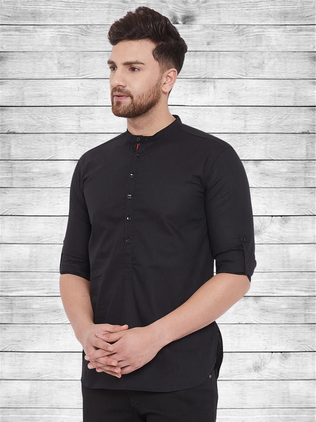 Men's Pure Cotton Black Short Kurta - Even Apparels