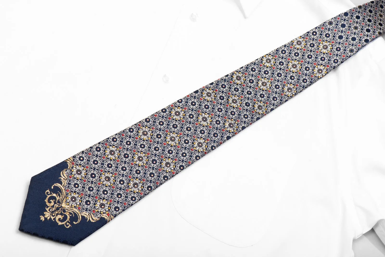 Men's Rhinestone Silk Necktie Gold Arabesque Design On Navy With Sparkles
