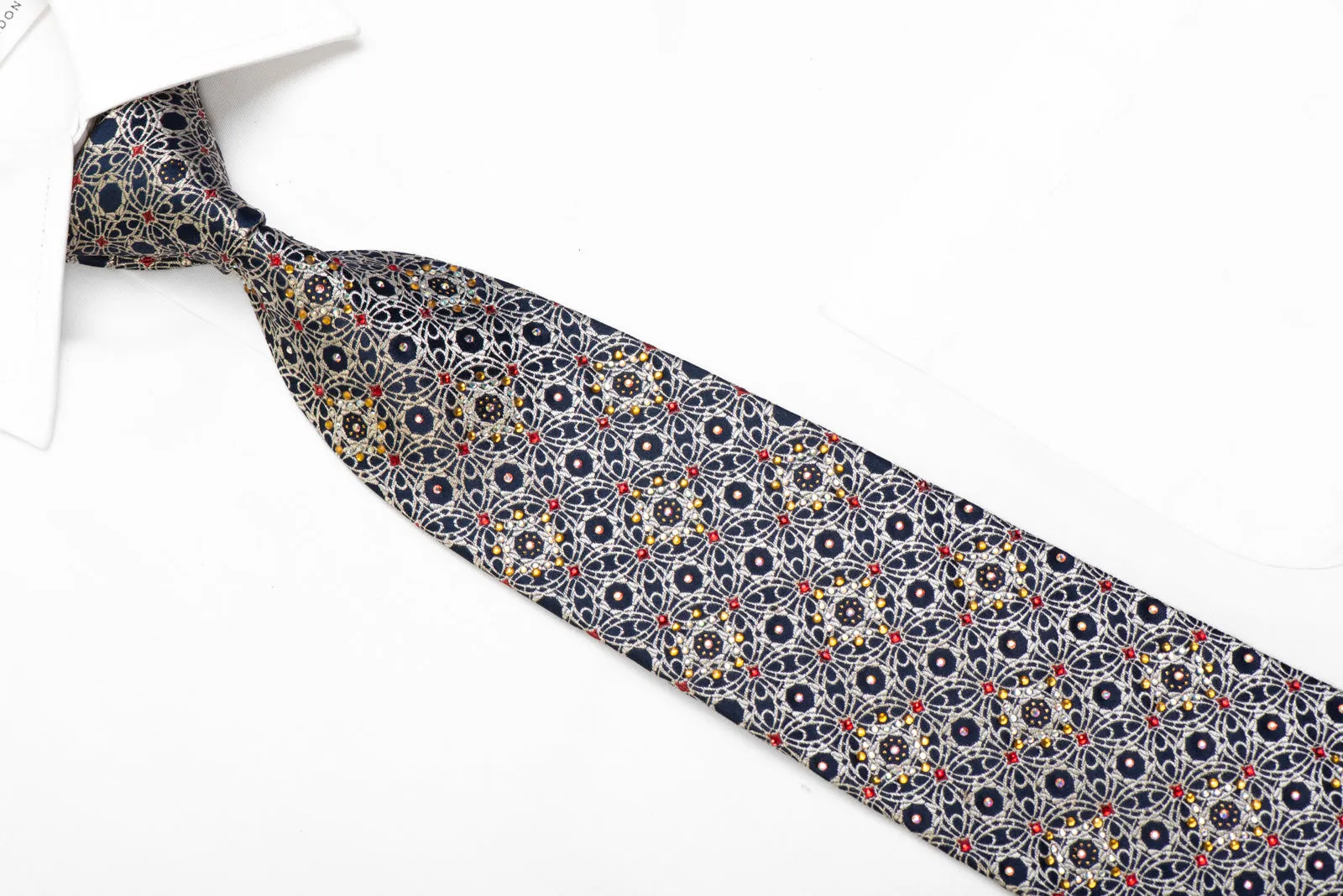 Men's Rhinestone Silk Necktie Gold Arabesque Design On Navy With Sparkles