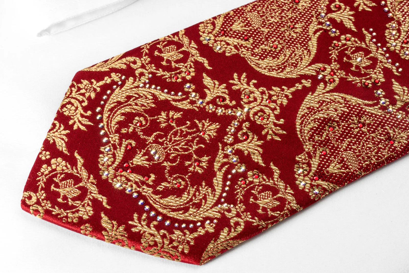 Metro City Silk Rhinestone Tie Gold Damask On Red With Golden Sparkles
