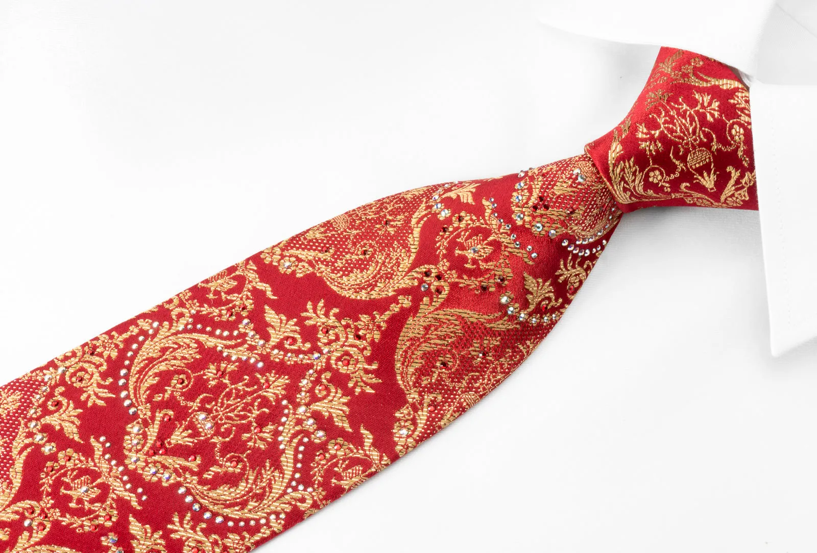 Metro City Silk Rhinestone Tie Gold Damask On Red With Golden Sparkles