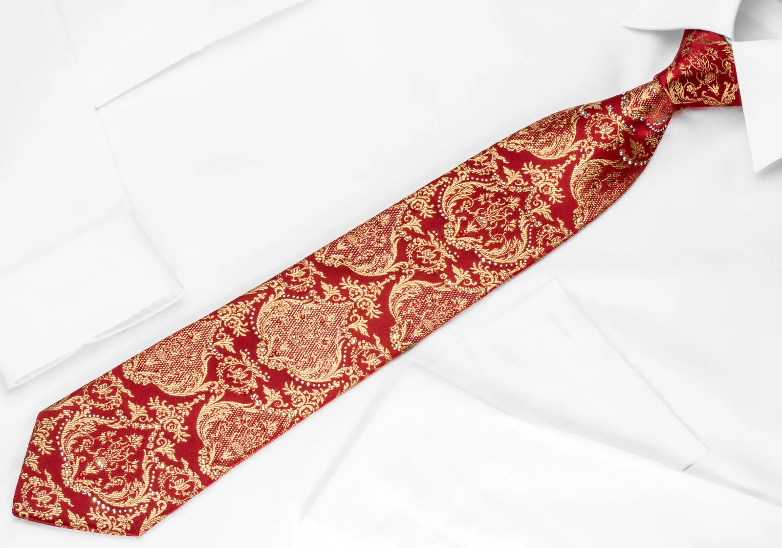Metro City Silk Rhinestone Tie Gold Damask On Red With Golden Sparkles