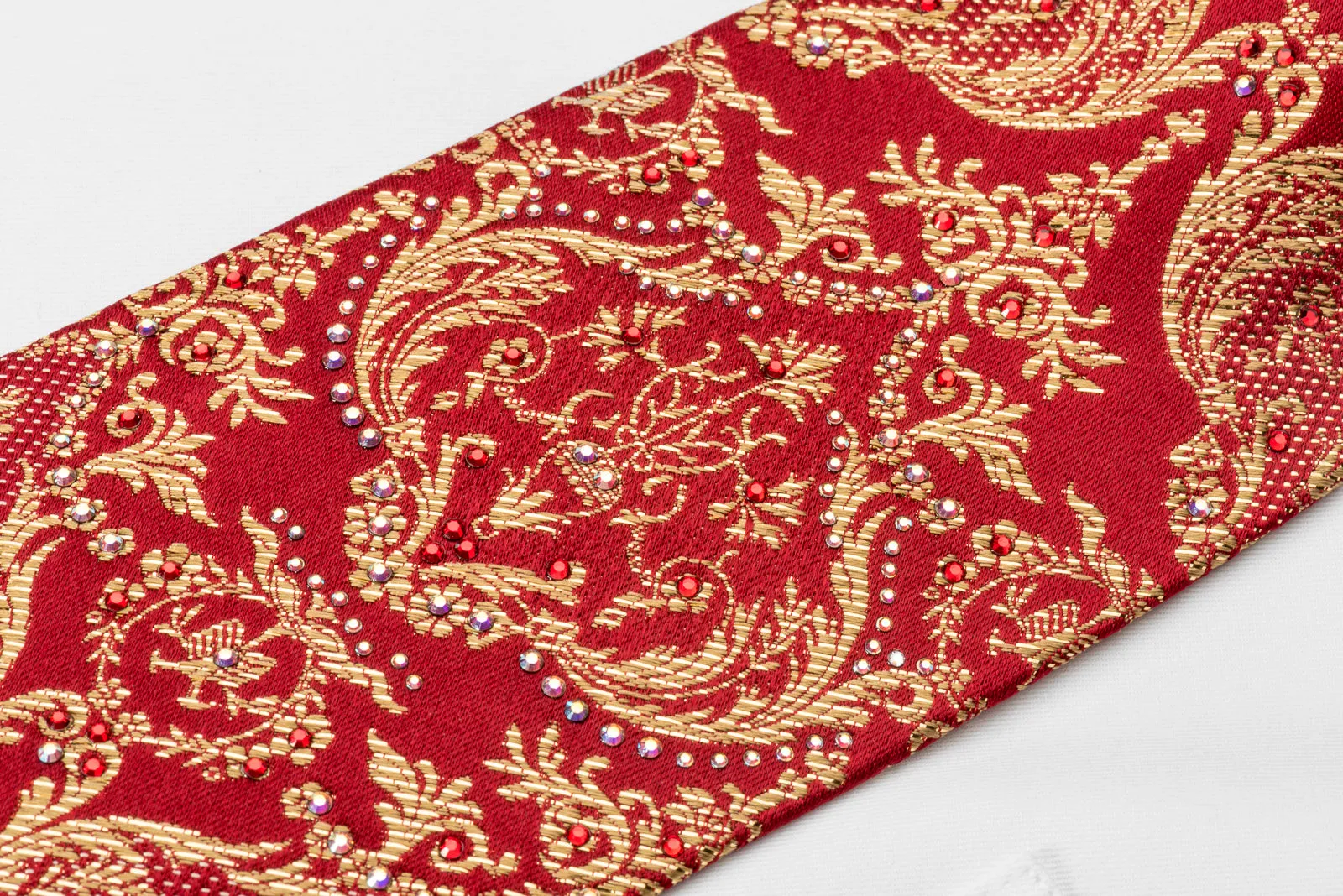 Metro City Silk Rhinestone Tie Gold Damask On Red With Golden Sparkles