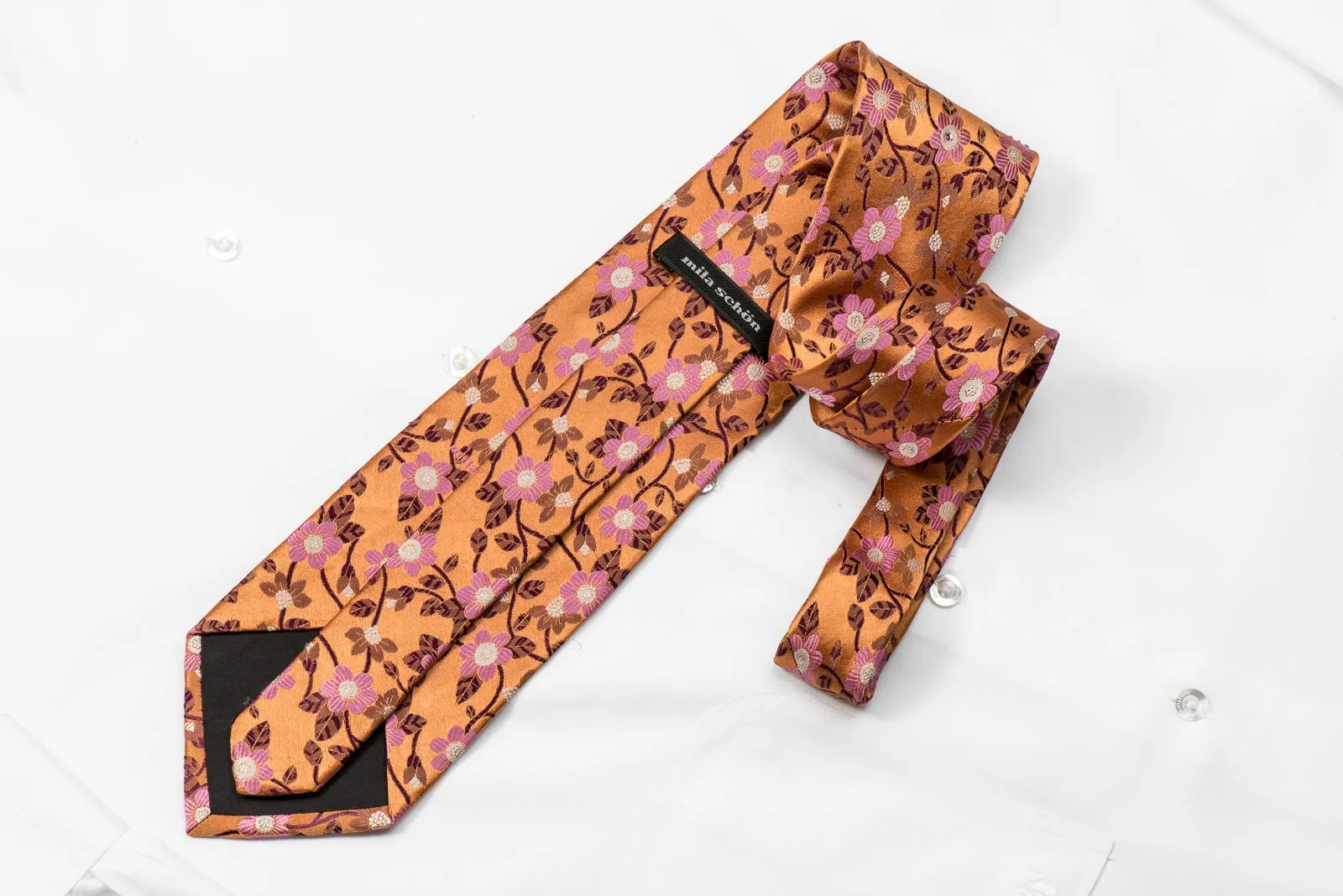 Mila Schon Men's Crystal Silk Necktie Pink Floral On Orange Sparkling With Rhinestones
