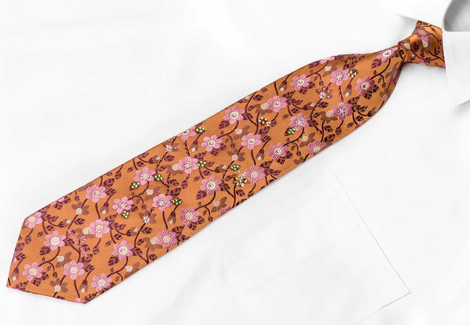 Mila Schon Men's Crystal Silk Necktie Pink Floral On Orange Sparkling With Rhinestones